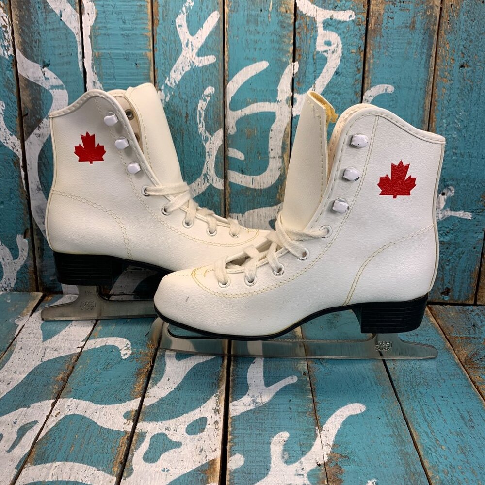 Vintage Brookfield White Ice Skates Youth Size 1 with SLM Canada 7-3/8 Blades